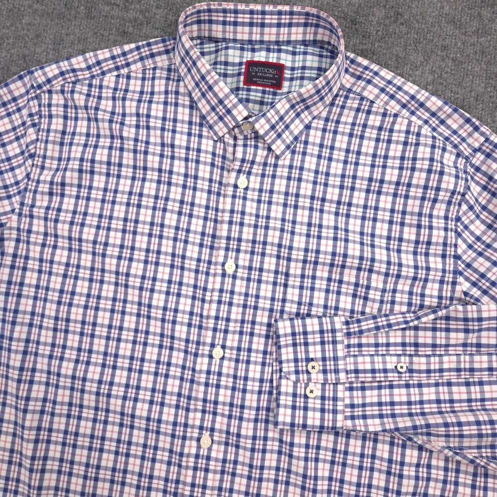 UNTUCKit Shirt Men XXL Blue Pink Plaid Macul Performance Stretch Long Sleeve